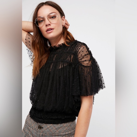 Free People Tops - Free People Disco Ball Black Polka Dot Mesh Overlay Peplum Top Sz XS